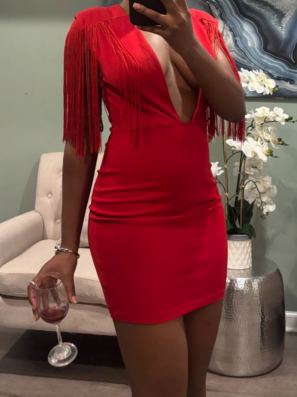 Red Fringe Sleeve Deep V Mini Dress